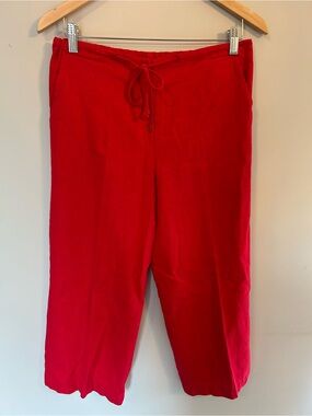 Vintage 90s Au Coton Linen Red Drawstring Capri Pants Lightweight Size Small